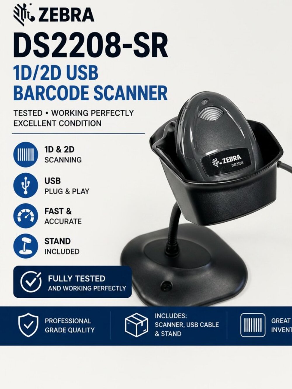 Zebra DS2208-SR 1D/2D USB Barcode Scanner Stand Cable Tested